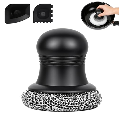 Image of 316 Upgraded Cast Iron Scrubber with Pan Scraper,Cast Iron Cleaner for Grill Pan Skillet Wok Carbon Steel,Ergonomic to Hold Easy to Use Dishwasher Safe ((Small Chain Mail))