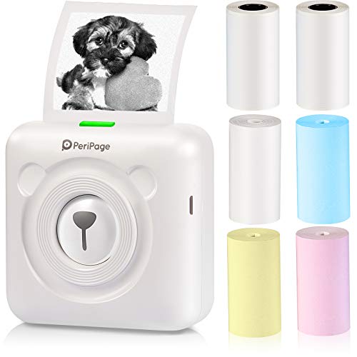 PeriPage Mini Printer Portable Printer Pocket Printer A6 Portable Thermal Printer Label Sticky Note Sticker Photo Printer for Smart Phone with Bluetooth USB Connect and 6 Rolls Thermal Paper (White)