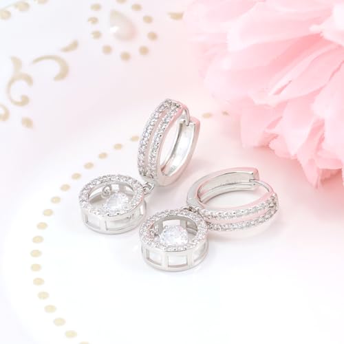 Sterling Silver Huggie Hoop Earrings with Charms Dancing Diamond Drop Earrings for Women Sparkling Round Halo CZ Dangle Hoop Earrings Clear Crystal Fashion Jewelry Gift for Daughter Mom Birthday Party3