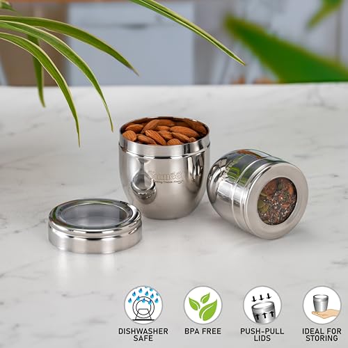 Image of Sumeet Stainless Steel Conical Shape Canisters /Dabba /Storage Containers for Kitchen with See Through Lid, Set of 2 Pcs, (250ml-7cm Dia-1Pc & 400ml-8.5cm Dia-1Pc), Silver