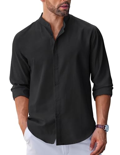 COOFANDY Men's Long Sleeve Oxford Dress Shirts Chambray Button Down Shirt Casual Band Collar Shirts