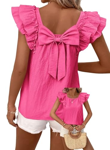 Image of Falechay Womens Bow Tie Back Tops Round Neck Ruffle Short Sleeve Shirts Cute Babydoll Chiffon Tee Women Summer Trendy Tunic