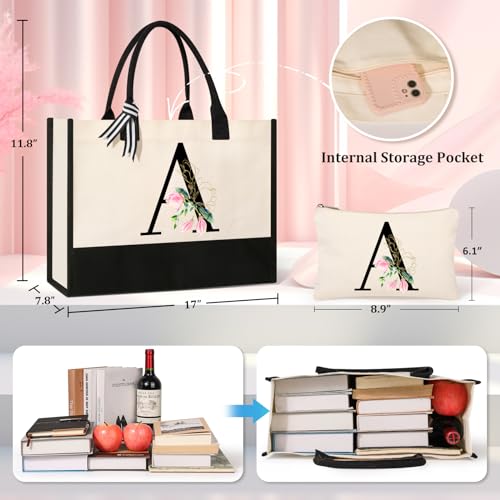 AYGE Personalized Initial Canvas Beach Tote, Monogrammed Gifts for Women, Makeup Bag, Birthday Gifts for Sister, Mom, Teacher, Bridesmaid (A)2