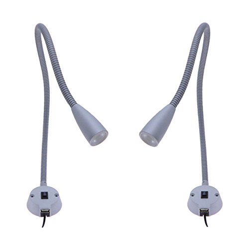 LED Gooseneck Flexible Bed Light 2 - Pack Lamp Kit with 1A (1 Amp) Powered USB Device Charger ETL Listed