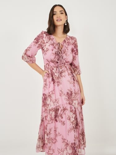 Image of Styli Women Printed Ruffle Neck Puff | Sleeves A-Line Maxi Dress | Stylish One Piece Dress for Party, Casual & Evening Outfits