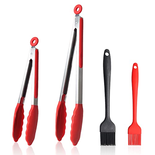 Pinces Cuisine Ensemble de 2, 9” et 12”, Prime Acier Inoxydable Pince Cuisine Silicone, Poignée Anti-adhésive la Chaleur de Pinces Grill,avec Pinceau de Cuisine, Pinceau à Pâtisserie en Silicone Cover