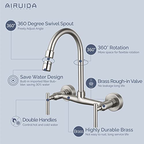 Airuida Wall Mount Kitchen Sink Faucet With Sprayer Brushed Nickel Wall Mounted Kitchen Faucet 8 Inch Center Double Cross Handles 360 Degree Swivel Spout Restaurant Mixer Tap Commercial #TOP6
