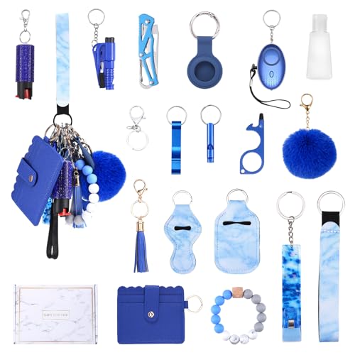 Ankilo Safety Keychain Set for Women Safety Keychain Accessories Bracelet Wristlet Keyring for Girls with Personal Alarm No Touch Door Opener Whistle and Pompom (Blue)