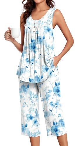 Image of Bestbee Women's Sleeveless Pajama Sets 2 Piece Sleepwear Summer Lounge Outfits Henley Tanks Capri Pants Ladies Pjs