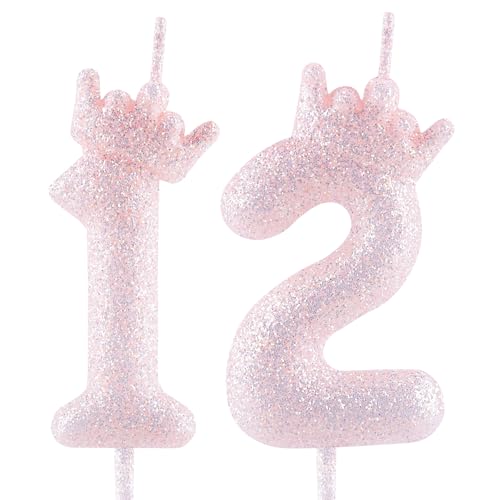 Velas de Corona Púrpura con Purpurina para Cumpleaños Número 12, Vela de Número Lila Claro para Adornos de Tarta de Cumpleaños, Adornos de Boda, Celebración de Aniversario para Niñas, Suministros de