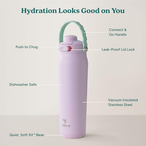 Image of REDUCE Aura Vacuum Insulated 26 oz Water Bottle - Leak-Proof & Chug Spout for Quick Hydration - Keeps Drinks Cold for 30 Hours - Removable Handle for Travel or Gym - Soft Sit Base - Lilac Bud