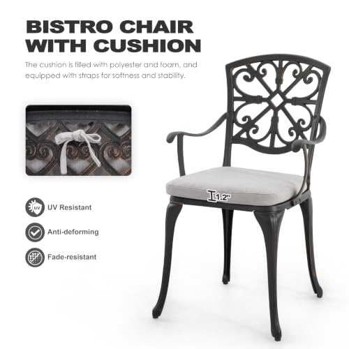 Image of NUU GARDEN Bistro Set 3 Piece Outdoor All Weather Cast Aluminum Patio Bistro Set Patio Table and Chairs Set of 2 with Umbrella Hole and Grey Cushions for Backyard, Balcony, Lawn, Black