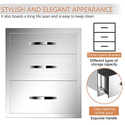 Image of 20''W x 27''H x 23''D Outdoor Kitchen Triple Access Drawers Stainless Steel, Flush Mount BBQ with Handles BBQ Island for Outdoor Kitchens or Patio Grill Station