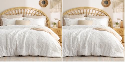 Image of Bedsure Queen Comforter Set - White Comforter, Boho Tufted Bedding Comforter Set for Kids, 3 Pieces Farmhouse-Style Bed Set for All Seasons, Fluffy Soft Bedding Set with 2 Pillow Shams (Pack of 2)