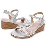 Goldnut Glitter Strappy Wedge Sandal for Women Dressy, Sparkly Women's Open Toe Comfortable Ankle Strap Sandals for Bridal Silver Size 8