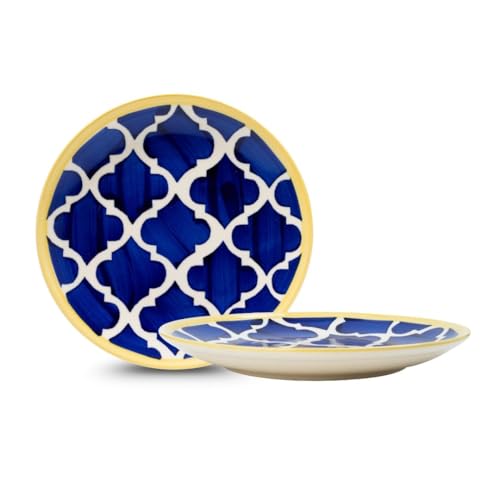 Image of Extra Strong Quarter Serving Ceramic 8.07 Inch Plates, Moroccan Decorative Dinnerware for Snacks, Dessert, Noodles, Small Meals, Salad & Gifting (Navy Blue, Set of 2)