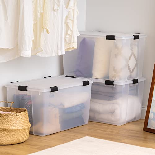 Image of IRIS USA WeatherPro 156 Qt Storage Bins with Lids, 3 Pack, BPA-Free Plastic Gasket Box with Tight Latch and Seal, Stackable Nestable Tote Tub - Clear /Black