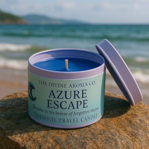 The Divine Aroma Co. Azure Escape Scented Candle | Tranquil Travel Tin Collection – Premium Soy Wax Aromatherapy Candle with Ocean Breeze & Sea Salt Notes for Relaxation & Stress Relief | 80g