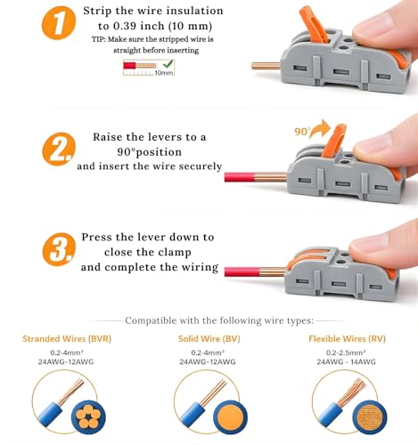 Image of ROBOWAY 50Pcs LT-211 Wire Connectors, 1 In to 1 Out Electrical Connectors, Quick Wiring Push-in Conductor Terminal Blocks for 28-12AWG Cable, Flame Retardant PA /PC Cable Connectors (Pack of 50)