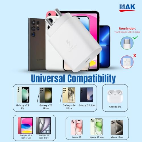Image of MAK 25W Charger with Cable for Type-C Adapter Compatible with Samsung Galaxy Tab S9 Fe Charger, 25 Watt USB Type C to C Pd Charging Adapter C Type, White (A55)