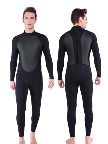 FLEXEL Full Body Black Wetsuit for Men and Women, 3mm CR Neoprene Back Zipper Surfing Suit Keep Warm in Cold Water Suitable for Snorkeling Diving Swimming