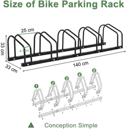 Image of INDIA 5-Bike Floor Mount Cycle Stand Staggered Bicycle Parking Rack Space Saving Storage Solution for Garages and Congested Areas | Heavy-Duty Steel Wheel Organizer with 5 Parking Positions
