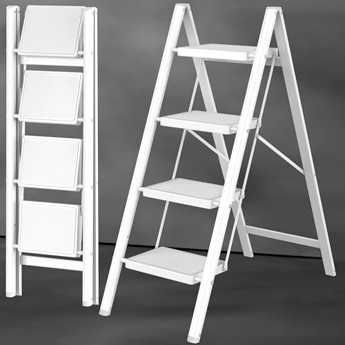 DIAMONDFORGE 4 Step Ladder, Folding Step Stool with Anti-Slip Wide Pedal, Anti-Slip Feet, Sturdiest Steel Construction, 600lbs Capacity Steel Ladder for Home and Office, White