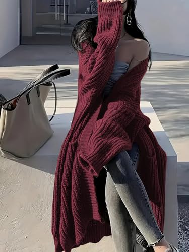 Image of Womens Long Cardigan Sweaters Open Front Oversized Duster with Pocket for Women 2025 Fall Winter Knit Design Coats