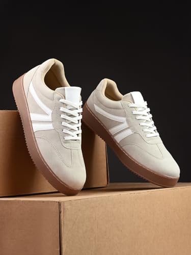 MACTREE Suede Leather Upper Laceup Casual Sneakers for Men Off White - Image 4