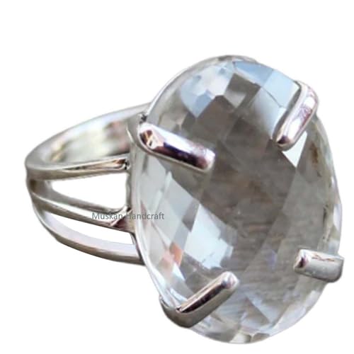 Handmade 925 Sterling Silver Ring with Clear Crystal Quartz Oval Gemstone Delicate Statement Ideal Jewelry Gift for Men Women, Christmas Gifts Ring