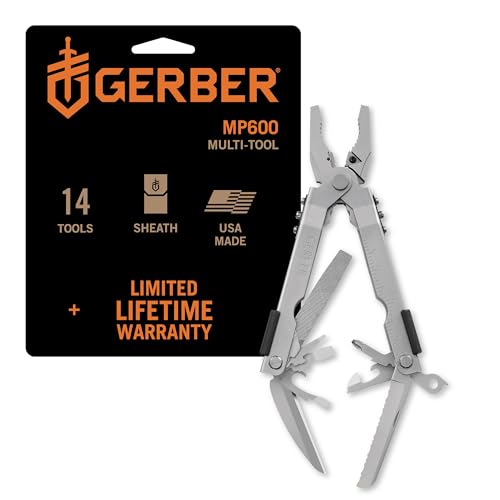 Gerber Gear Multi-Plier 600 Blunt Nose Multitool with 14 Tools - Includes Knife, Pliers, Nylon Sheath & More - Made in USA - Stainless Steel Tool