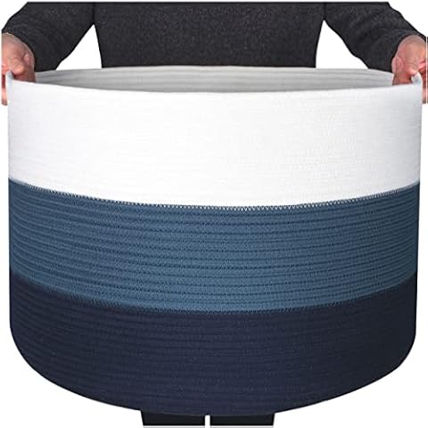 MINTWOOD Design Extra Large 22 x 14 Inches Blanket Storage Basket, Laundry Basket, Decorative Woven Cotton Rope Baskets for Blanket Storage Living Room, Toy Storage Basket Bin, 3-Tone Blue Cover