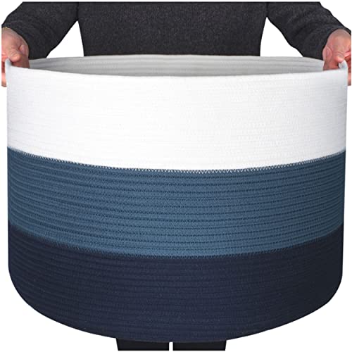 Image of MINTWOOD Design Extra Large 22 x 14 Inches Blanket Storage Basket, Laundry Basket, Decorative Woven Cotton Rope Baskets for Blanket Storage Living Room, Toy Storage Basket Bin, 3-Tone Blue