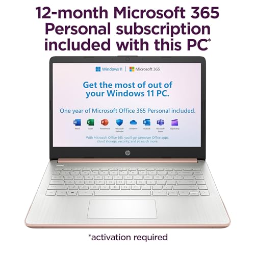 Image of HP Laptop Computer, 14 inch Touchscreen with 1-Year Office 365, 8GB RAM, 1.25TB Storage (1TB Cloud + 256GB SSD), Windows 11 S, Intel Processor, Wireless Connection (WiFi 6, Bluetooth 5.4), Pink Gold