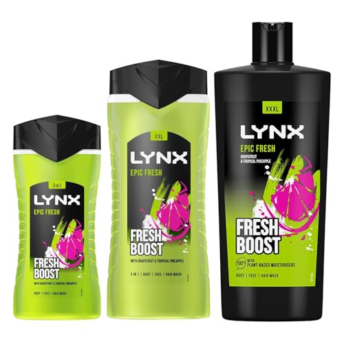 Lynx Epic Fresh Shower Gel 3 Pack Bundle of 225ml 500ml & 700ml Body Wash with Long-Lasting Citrus Scent for All-Day Freshness