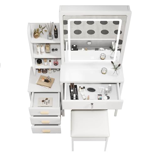 RIDFY Makeup Vanity with Mirror and Lights,Modern Bedroom Makeup Table Set with Upholstered Stool,Vanity Desk with 4 Drawers & Shelves,3 Color Lighting Brightness Adjustable,White (4 Drawers-upgrade)