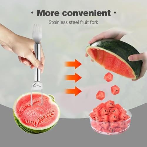 Image of Lowinza, Watermelon Fork Cutter Slicer Tool | 2-in-1 Stainless Steel Fruit Knife | Watermelon Cutting Tool for Home, Outdoor Parties and Family Dinners | Kitchen Gadget (Pack of 1 piece)