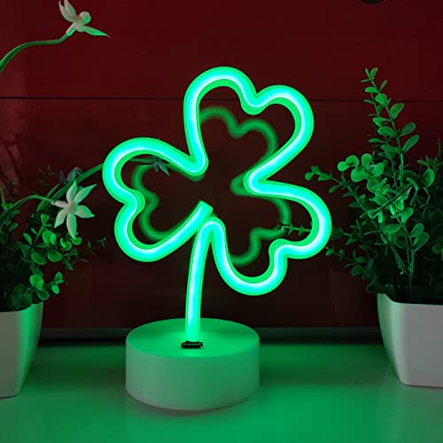 Image of JYWJ Neon Signs with Holder Base,USB or 3-AA Battery Powered Neon Light,LED Desktop Wall Decoration,Various Parties,Decoration of Business Premises(Clover)