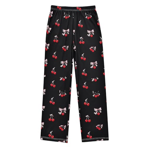 Red Cherry Pink Bow Black Pajama Pants Long Sleep Pant Soft PJ Bottoms Sleepwear