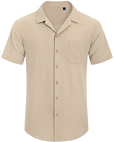 Image of Alimens & Gentle Mens Linen Shirts Cotton Hawaiian Shirts Short Sleeve Button Down Shirts Casual Summer Beach Tops