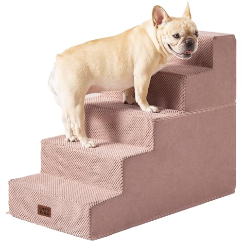 Image of EHEYCIGA Dog Stairs for Bed 25 inch H, 5-Step Extra Wide Dog Steps for High Bed, Pet Steps for Small Dogs and Cats, Non-Slip Balanced Pet Ramp Indoor, Pink