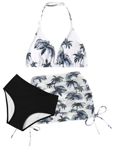 Arshiner Mädchen Bikini Set 3-teilig Kinder Neckholder Badeanzuge mit Rock Sommer Blumendruck Schwimmanzug für Mädchen 9-10 Jahre