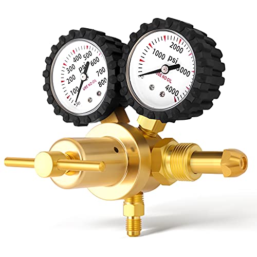 MEANLIN MEASURE Nitrogen Regulator 0-800PSI CGA580 Inlet, 1/4'' Male Connector Heavy-Duty Handle Helium Regulator with Double Pressure Gauge