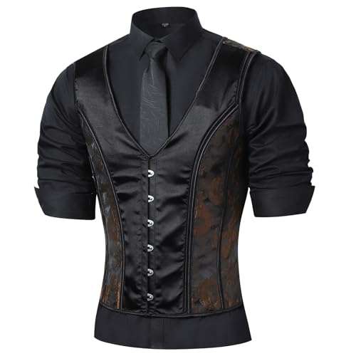 Men Corset Vest Dress Waistcoat Vintage Brown Print Lace Up Bones Waist Trainer 6 Buckles Tight Tops Party Stage