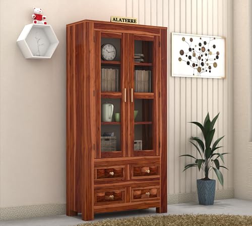 Image of Wood Book Shelf with Glass Door, Wooden Bookshelf for Home Library, Kitchen Crockery Cabinet, Study Room Furniture, Books Rack, Book Stand, BookCases, Bookshelves, Honey Finish