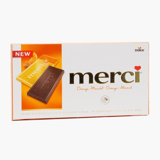 Merci Chocolate Negro con Naranja y Almendra, 4 Barras Individuales, 100g