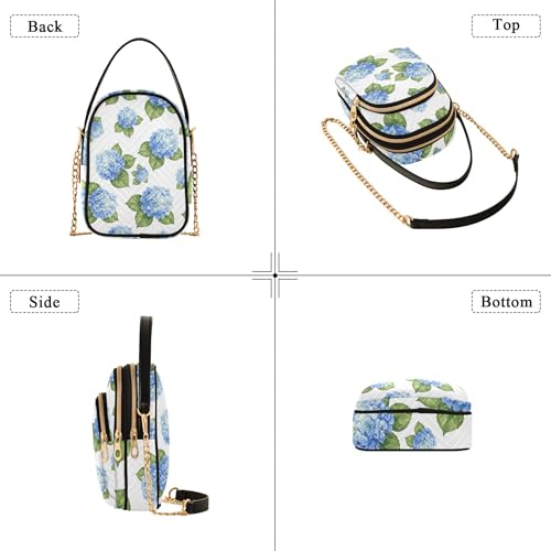 Watercolor Blue Hydrangea Flowers Single Shoulder Handbags Quilted Phone Wallet Chain Strap Purse Cute Zipper Bowler Tote Ladies Satchel4