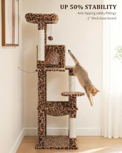 Image of MUTTROS Leopard Cat Tree, 56.3 inch Cat Tower for Indoor Large Cats | Multi-Level Cat Activity Center with condo, hammock, perch & sisal posts for 2-3 indoor cats under 15 lbs