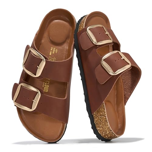 Image of Project Cloud 100% Genuine Leather Footbed Sandals for Women 2026 Comfortable Beach Essentials Womens Sandals Memory Foam Vacation Essentials Slides for Women Footwear (Santorini)