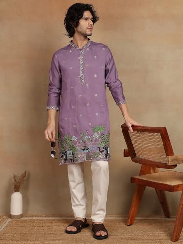 Image of Amazon Brand - Tavasya Men Printed Kurta with Ethnic Motif Border | Special Haldi Kurta | Festive Embellished Long Kurta | Embroidery Kurta | Ethnic Wear | Mandarin Collar | Knee Length
